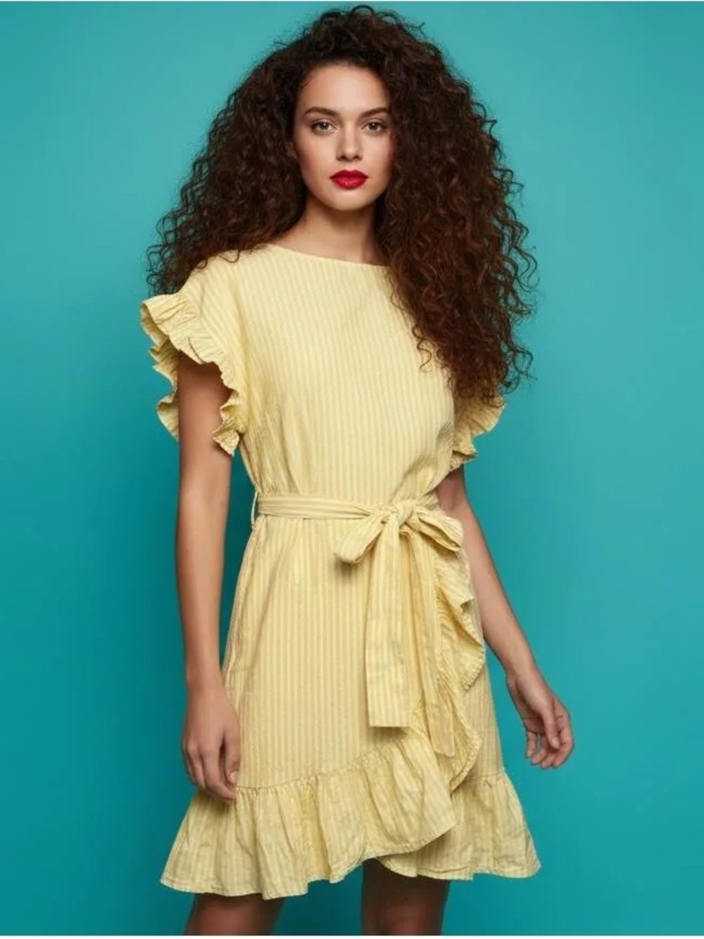 Women's Cotton Linen Yellow Ruffle Sleeve Tie-Waist Summer Dress